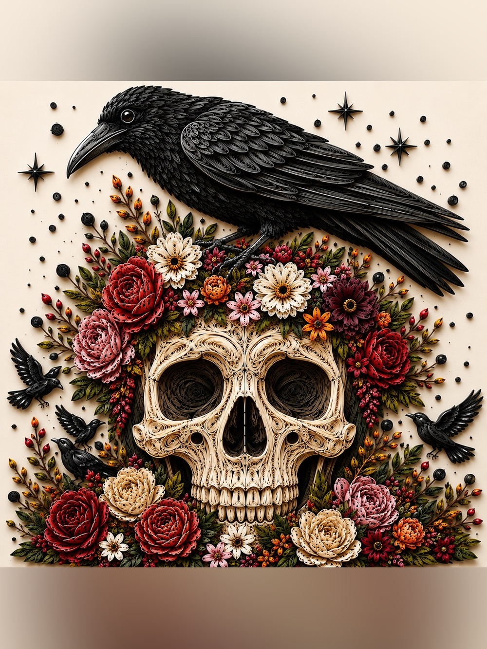 8x8 Black Framed Raven & Floral Skull Wall Art Print